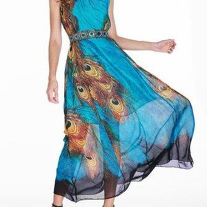 Gracila Bohemian Women Sleeveless O Neck Peacock Printed Maxi Dress Size Medium